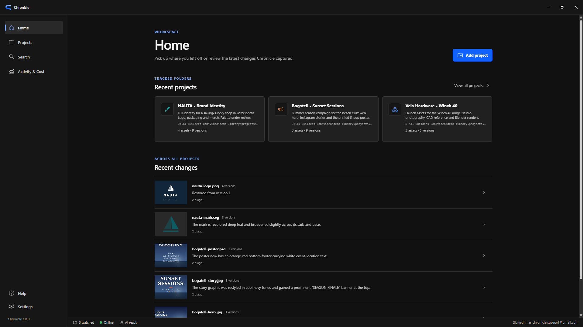 Chronicle desktop interface showing a creative project and its version history